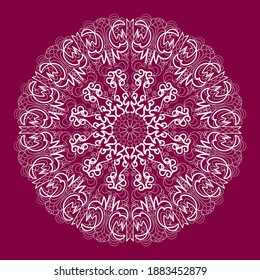 linear white mandala with oriental elements on a pink background
