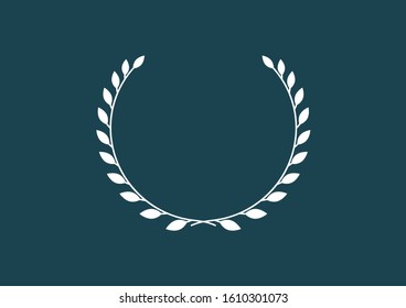 Linear white winner emblem, number 1, leaves crown on coloured blue background. Prize in first place. Victory, symbol of success, logo, Eps vector symbol.