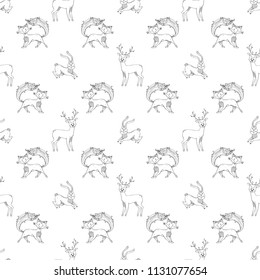 Linear wild animals. Vector seamless pattern. Black contours of deer, fox and hare on white background. Duotone boundless background for your design.