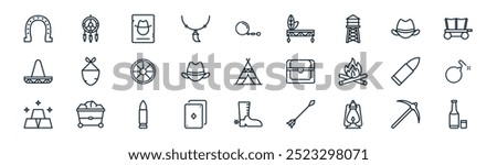 linear wild west icon pack. vector thin line pick, dreamcatcher, wanted, cowboy hat, cowboy hat, bomb, boots, whiskey icons suitable for apps and websites ui designs