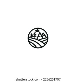 Linear wildlife logo. Mountains, cloud and trees icons in circle.