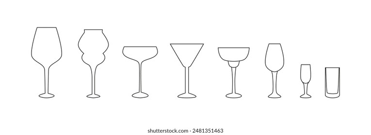 Vasos de vino lineales. Dibujo, icono, garabato. Vasos y copas de cristal con contorno para vinos blancos y tintos, cócteles. Cata de vinos. Sumiller. Fiesta, tiempo de celebración. Contorno. 