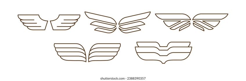 Linear Wings Pair Symmetrical Icon Isolated on White Background Vector Set