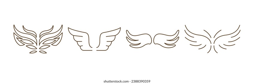 Linear Wings Pair Symmetrical Icon Isolated on White Background Vector Set