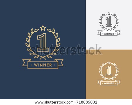 Linear winner emblem with number 1, wreath and ribbon. First place award. Victory, success symbol, logo.