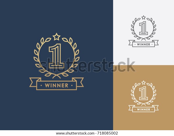 Linear winner emblem with
number 1, wreath and ribbon. First place award. Victory, success
symbol, logo.