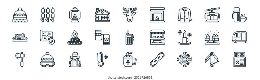 linear winter camp icon pack. vector thin line pocket knife, marshmallows, lantern, chairlift, scarf, camper van, hot chote, matches icons suitable for apps and websites ui designs