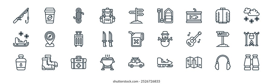 linear winter camp icon pack. vector thin line earmuff, takeaway, rope, winter jacket, knife, cooking, car, telescopes icons suitable for apps and websites ui designs