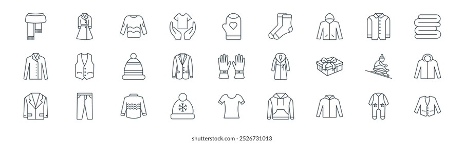 linear winter clothes icon pack. vector thin line baby, dress, shirt, shirt, coat, hoodie, tshirt, jacket icons suitable for apps and websites ui designs