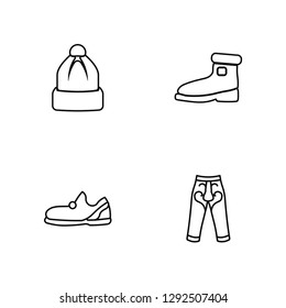 Linear Winter Hat, Sleepers, Wool Boots, Harem Pants Vector Illustration Of 4 outline Icons. Editable Pack Of Winter Hat, Sleepers, Wool Boots, Harem Pants