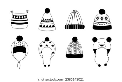 Sombreros de invierno lineales. Doodles. Calor de la cabeza. Accesorios de otoño e invierno. Cabecera. Linea de arte. Libro de colorear.