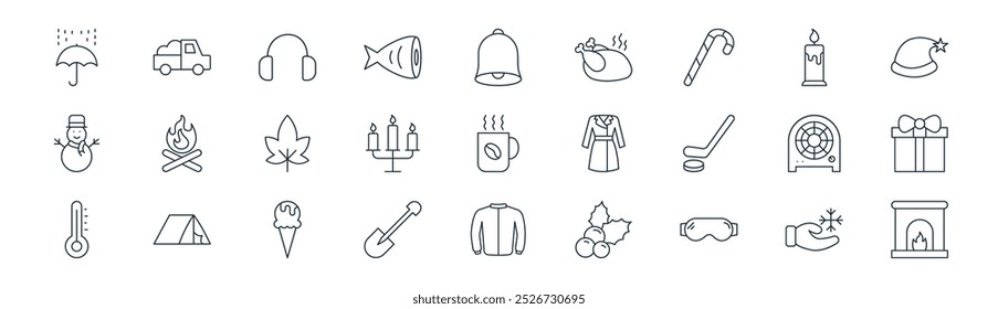 linear winter icon pack. vector thin line winter, truck, headphone, candle, lamp, gift box, jacket, chimney icons suitable for apps and websites ui designs