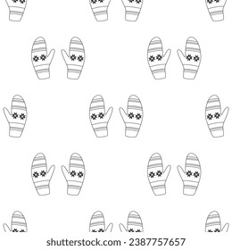 Linear winter mittens seamless pattern. Cozy accessorise. Knitted  wear. Christmas time, New Year. Line art, outline doodles. Coloring book.