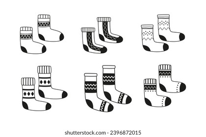 Linear winter socks and stockings. Winter clothing essentials. Foot wear. Outline doodles. Line art. Christmas time, New Year. 