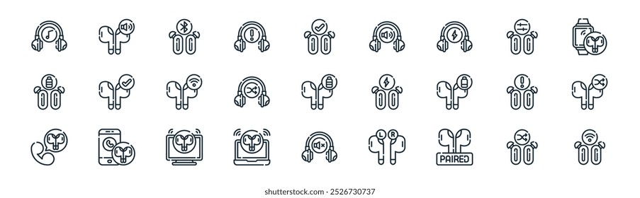 linear wireless audio icon pack. vector thin line shuffle, volume,  , equalizer, shuffle, shuffle, mute, wireless icons suitable for apps and websites ui designs