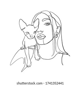 Linear woman with cat. One continuous line. Portrait in minimal style. Girl with sphinx. Logo for veterinary clinic, cat nursery. Vector graphic illustration.