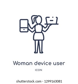 Linear woman device user icon from Ladies outline collection. Thin line woman device user icon isolated on white background. woman device user trendy illustration