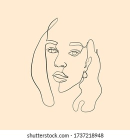 Cara de mujer lineal. Una niña de dibujo continuo. Diseño simple de tinta. Estilo minimalista. Arte de moda dibujado a mano. 