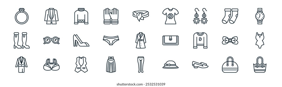 linear woman fashion icon pack. vector thin line purse, blazer, sweater, socks, underwear, swimsuit, tight, totebag icons suitable for apps and websites ui designs