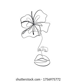 Linear woman with flower drawn by one continuous line. Portrait in minimal style. Nature symbol of rose. Botanical element. Design for beauty salon, postcard, invitations, logo, branding. 