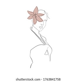 Linear woman with flower drawn by one continuous line. Portrait in minimal style. Nature symbol of lily. Botanical element. Design for beauty salon, postcard, invitations, logo, branding. 
