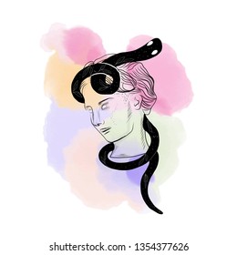 Linear woman head with snake on watercolor shapes. Marble greek goddess. 