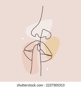 Linear woman lips. Permanent makeup and microblading. Mouth and nose icon on colored spots. Abstract minimalistic female portrait. Modern vector illustration.