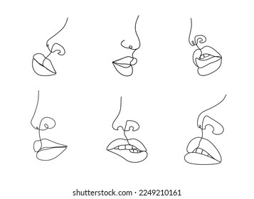 Linear woman lips. Permanent makeup and microblading. Mouth and nose icon on white background. Set of abstract minimalistic female portraits. Modern vector illustrations.