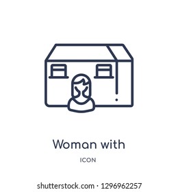 Linear woman with mortgage icon from Commerce outline collection. Thin line woman with mortgage icon isolated on white background. woman with mortgage trendy illustration