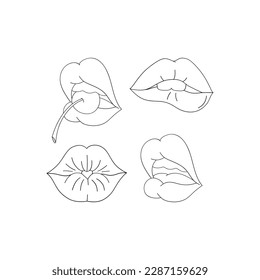 Linear woman mouth coquettish expressions vector clipart set isolated on white. Sassy girl power illustration collection. Classy fashion design element.