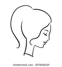 Linear woman portrait, romantic profile portrait. Ponytail hairstyle. Simple logo for beauty products