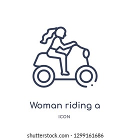 Linear woman riding a motorbike icon from Ladies outline collection. Thin line woman riding a motorbike icon isolated on white background. woman riding a motorbike trendy illustration