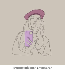 Linear woman uses smartphone to do photo. Making Selfie. One continuous line. Minimal concept. Beautiful attractive girl holding phone case. Narcissistic female character isolated on white background 
