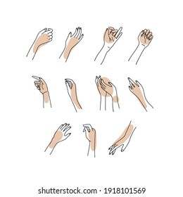 Linear Woman's hand collection. Vector sketch Illustration of female hands of different gestures. Lineart in a trendy minimalist style. Line Logo design, hand cream, nail Studio, posters, cards