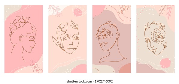 Linear women face and flowers in one line organic style set for logo, icons, packaging beauty products, branding, social media stories abstract modern background in pastel colors. Vector illustration.