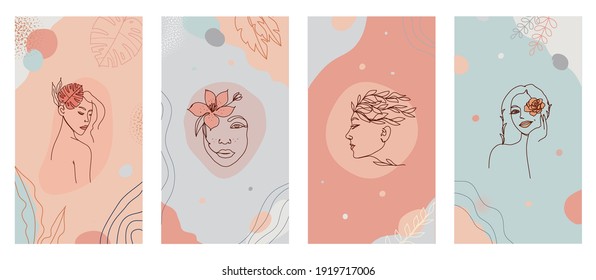 Linear women face and flowers in one line organic style set for logo, icons, packaging beauty products branding, social media stories abstract modern background in pastel colors. Vector illustration.