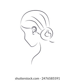 Linear women profile portrait with hair style with black thin lines. Line art elegant women face and neck
