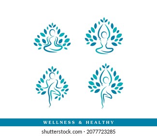 Linear Women Silhouette with Green Leaves for Fitness and Wellness Vector Logo Design Template Element