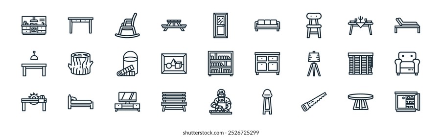 linear wood furniture icon pack. vector thin line round table, table, rocking chair, dinner table, picture, armchair, carpenter, cupboard icons suitable for apps and websites ui designs