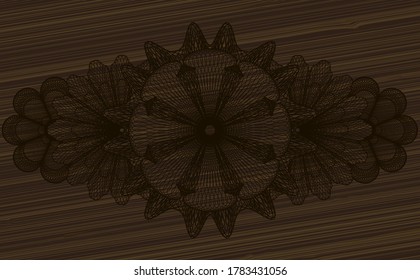 Linear wooden realistic emblem. Brown chic background. Vector illustration. 