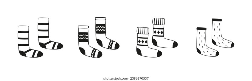 Calcetines de invierno de lana. Lo esencial para el otoño y el invierno. Temporada acogedora. Cuadros de contorno, contorno dibujado a mano. Arte de línea. 