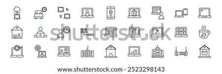 linear work from home icon pack. vector thin line wifi router, rest time, remote access, devices, server, coffee break, home, email icons suitable for apps and websites ui designs