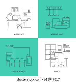 Linear Working Place Icons. Modern Office, Work Space, Co Working, Coffee Shop, Conference Hall Interior Design. Vector Isolated Outline Illustrations. 