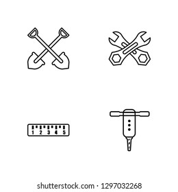 Linear Working Shovel, School Ruler, Wrench, Drill Vector Illustration Of 4 outline Icons. Editable Pack Of Working Shovel, School Ruler, Wrench, Drill