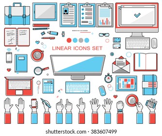 linear workplace icons collection, flat style icons set of a top view, blue, red colors.  Signs hand gestures. Workspace objects elements office worker, designer, manager, schoolchild.