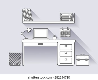 Linear workplace illustration with long shadow. This picture shows a desktop on which the laptop, lamp, coffee cup