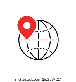 linear world globe with land mark pin. flat style modern outline logotype graphic minimal art design web element isolated on white. concept of trip around the world and mobile app badge for agency