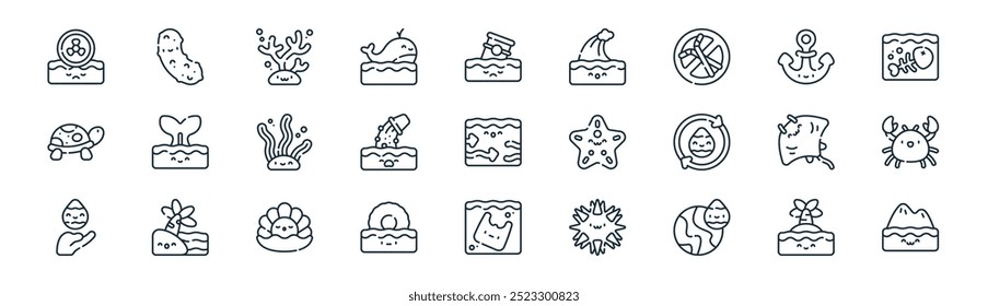 linear world ocean day icon pack. vector thin line island, sea cucumber, coral, anchor, trash, crab, plastic, iceberg icons suitable for apps and websites ui designs