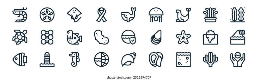 linear world oceans day icon pack. vector thin line coral, sea urchin, stingray, anemone, sea cucumber, wave, seashell, world oceans day icons suitable for apps and websites ui designs