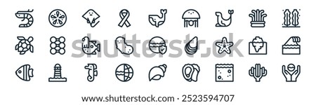 linear world oceans day icon pack. vector thin line coral, sea urchin, stingray, anemone, sea cucumber, wave, seashell, world oceans day icons suitable for apps and websites ui designs